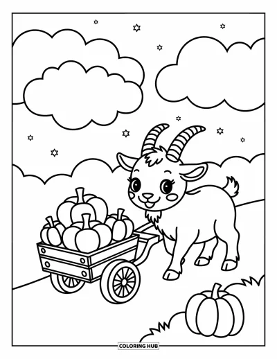 Coloriage d'animaux de la ferme pour adultes : Une chèvre joyeuse tire une charrette en bois pleine de pommes et de citrouilles sous de doux nuages