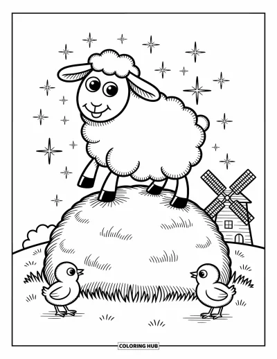 Coloriage d'animaux de la ferme pour adultes : Une chèvre joyeuse se tient sur une bûche entourée de feuilles tourbillonnantes et d'un chat de ferme curieux