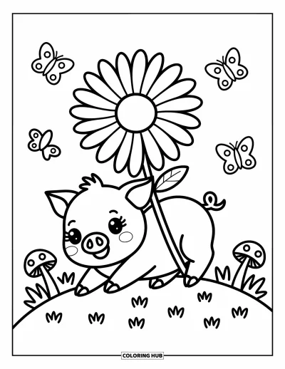 Coloriage d'animaux de la ferme pour adultes : Un porcelet joyeux roule sur l'herbe en tenant une grande marguerite avec des papillons et des champignons autour