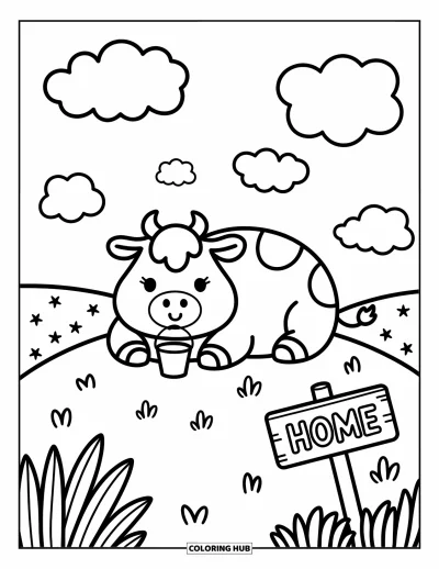 Coloriage d'animaux de la ferme pour adultes : Une vache potelée se repose sur une colline tenant un petit seau avec un panneau indiquant la maison