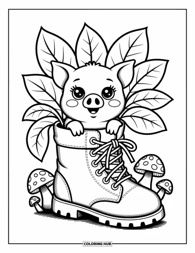 Coloriage d'animaux de la ferme pour adultes : Un porcelet potelé avec de grands yeux jette un coup d'œil depuis une jardinière en forme de botte avec des feuilles et des champignons
