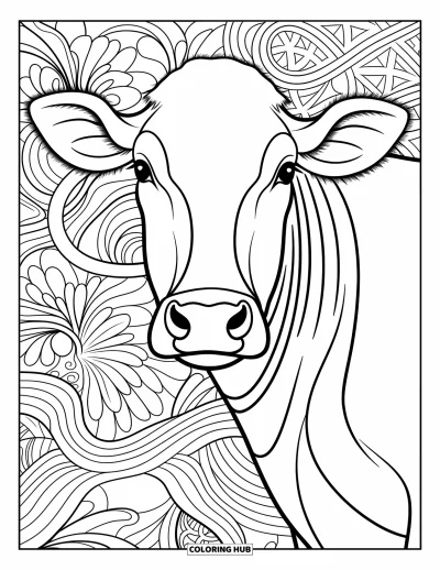 Coloriage d'animaux de la ferme pour adultes : Un visage de vache en gros plan est entouré de motifs floraux et géométriques tourbillonnants