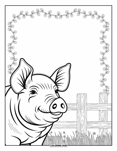 Coloriage d'animaux de la ferme pour adultes : Un visage de cochon en gros plan avec des détails complexes, entouré de vignes, de fleurs et de lignes de clôture