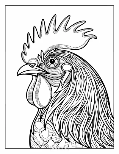 Coloriage d'animaux de la ferme pour adultes : Une tête de coq en gros plan avec des plumes détaillées, une crête et des dessins de caroncule
