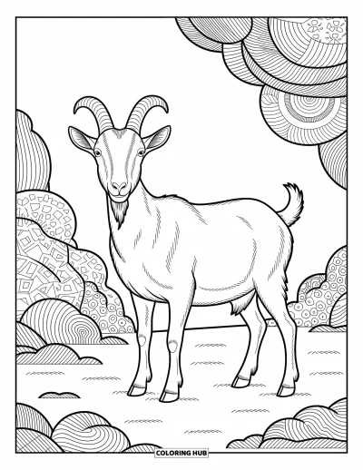 Coloriage d'animaux de la ferme pour adultes : Une chèvre confiante se tient sur un terrain rocheux avec des rochers détaillés et des dessins artistiques