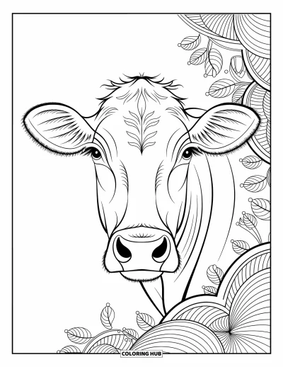 Coloriage d'animaux de la ferme pour adultes : Le visage d'une vache avec des traits délicats est assis parmi des motifs tourbillonnants et des formes complexes