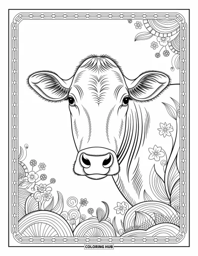 Coloriage d'animaux de la ferme pour adultes : Le visage d'une vache avec des yeux expressifs est encadré par d'élégants motifs floraux et géométriques