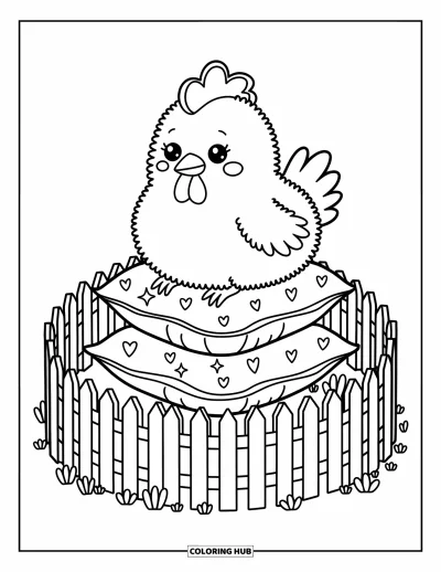 Coloriage d'animaux de la ferme pour adultes : Un poulet confortable se repose sur des oreillers de légumes avec des étincelles, des cœurs et une clôture ludique autour
