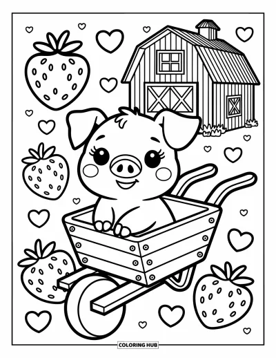 Coloriage d'animaux de la ferme pour adultes : Un porcelet confortable est assis dans une brouette en bois entourée de fraises et de décorations en forme de cœur