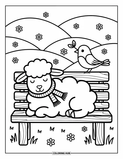 Coloriage d'animaux de la ferme pour adultes : Un mouton confortable se détend sur un banc avec un oiseau à proximité tenant une petite feuille