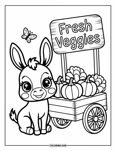 Coloriage d'animaux de la ferme pour adultes : Un âne curieux se repose à côté d'une charrette de légumes avec des citrouilles, des choux et un panneau « Légumes frais »