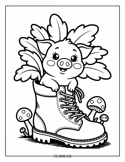 Coloriage d'animaux de la ferme pour adultes : Un porcelet curieux jette un coup d'œil depuis une grande jardinière de bottes remplie de feuilles et de champignons