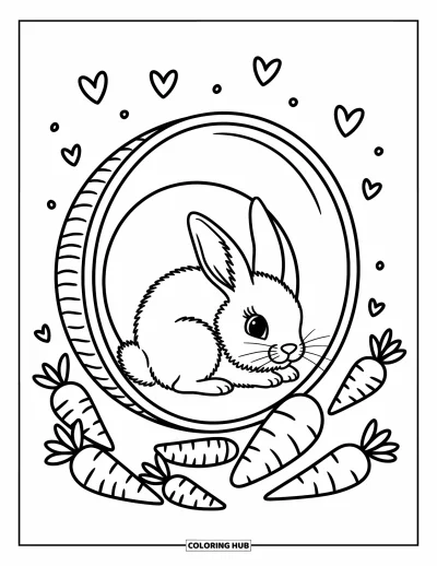 Coloriage d'animaux de la ferme pour adultes : Un lapin mignon se repose dans un chapeau de ferme renversé avec des carottes, des radis et des cœurs flottants