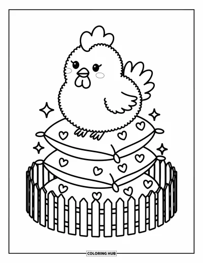 Coloriage d'animaux de la ferme pour adultes : Un poulet mignon se repose sur des oreillers de légumes avec de minuscules étincelles et une clôture incurvée