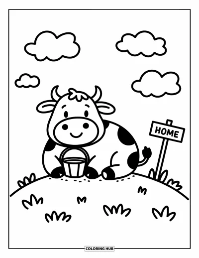 Coloriage d'animaux de la ferme pour adultes : Une vache mignonne est assise sur une colline avec un petit seau et un panneau en bois indiquant la maison à proximité
