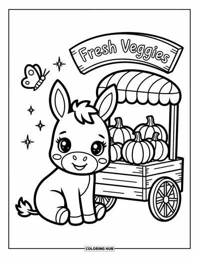 Coloriage d'animaux de la ferme pour adultes : Un âne mignon est assis près d'une charrette de légumes avec des citrouilles, des choux et un papillon joueur