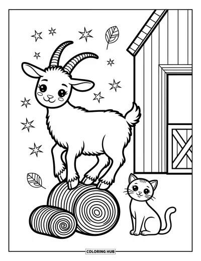 Coloriage d'animaux de la ferme pour adultes : Une chèvre mignonne se tient sur une bûche en bois avec des étoiles scintillantes et un chat de ferme enjoué