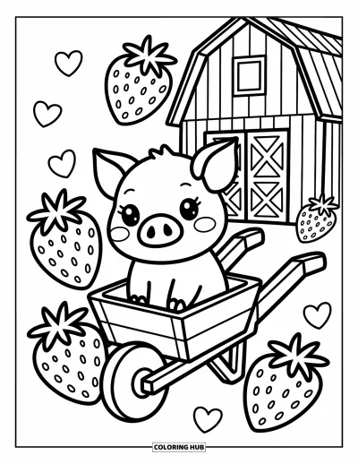 Coloriage d'animaux de la ferme pour adultes : Un mignon porcelet se repose dans une brouette avec des fraises surdimensionnées et de minuscules cœurs autour
