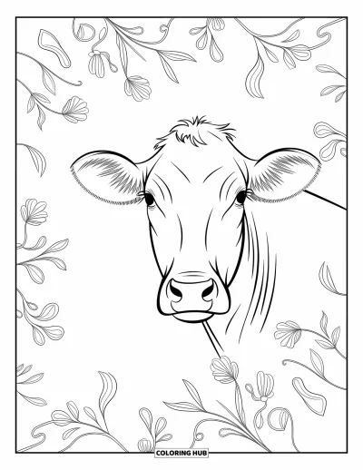 Coloriage d'animaux de la ferme pour adultes : Le visage détaillé d'une vache est encadré par des motifs floraux et des dessins géométriques imbriqués