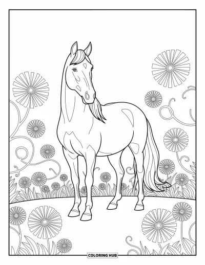 Coloriage d'animaux de la ferme pour adultes : Un cheval détaillé se tient parmi des fleurs sauvages ornées avec de gracieuses vignes autour de ses jambes