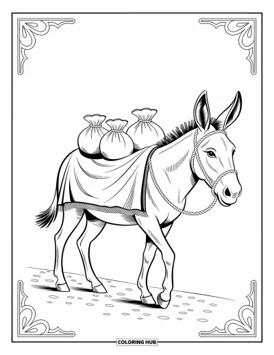 Coloriage d'animaux de la ferme pour adultes : Un âne transporte de petits sacs avec des cordes et des tissus détaillés, marchant sur un chemin de gravier