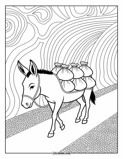 Coloriage d'animaux de la ferme pour adultes : Un âne marche le long d'un chemin de gravier avec des sacs, des cordes et des motifs tourbillonnants autour