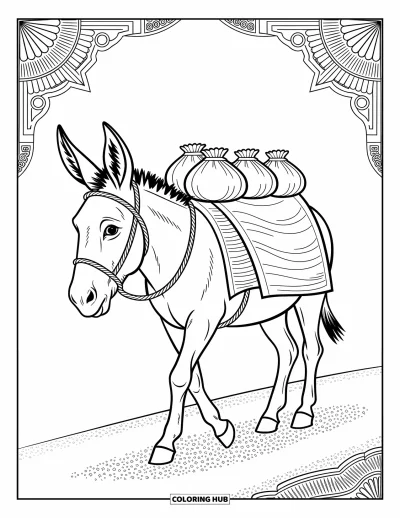 Coloriage d'animaux de la ferme pour adultes : Un âne marche gracieusement avec des sacs sur son dos, entouré de motifs complexes