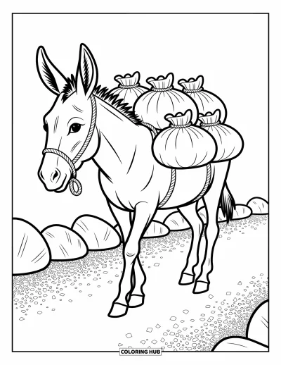 Coloriage d'animaux de la ferme pour adultes : Un âne avec des plis de tissu et des détails de corde marche le long d'un chemin de gravier décoré