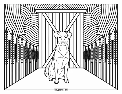 Coloriage d'animaux de la ferme pour adultes : Un chien de ferme est assis fièrement avec des motifs et du blé stylisé autour d'une porte de grange