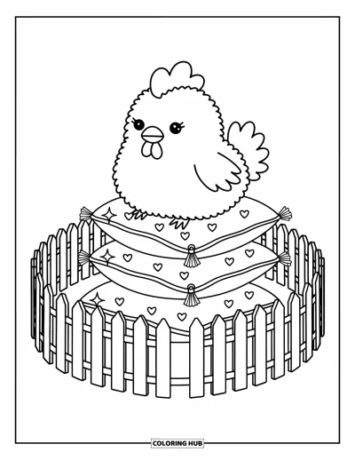 Coloriage d'animaux de la ferme pour adultes : Un poulet duveteux est assis joyeusement sur des oreillers en forme de légumes avec une clôture autour
