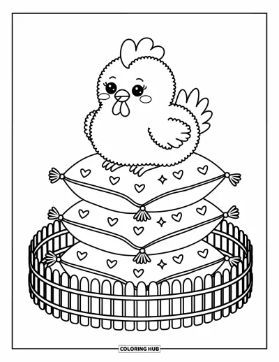 Coloriage d'animaux de la ferme pour adultes : Un poulet duveteux est assis sur des oreillers en forme de légumes entouré d'une petite clôture incurvée