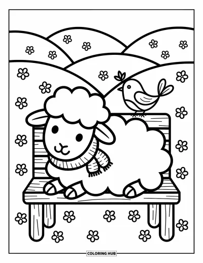 Coloriage d'animaux de la ferme pour adultes : Un mouton duveteux et un petit oiseau sont assis ensemble, entourés de collines et de petites fleurs