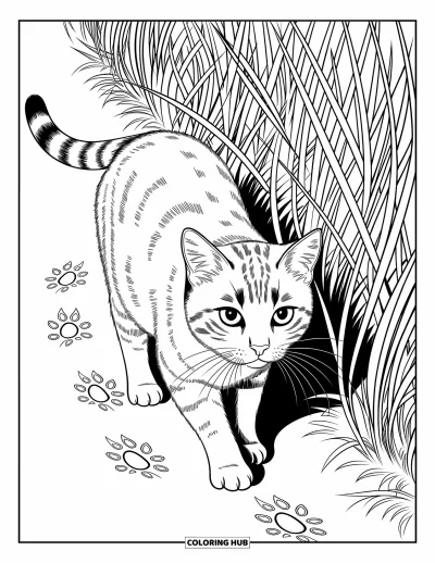 Coloriage d'animaux de la ferme pour adultes : Un chat de ferme concentré traque dans les hautes herbes avec des empreintes de pattes sur le sol