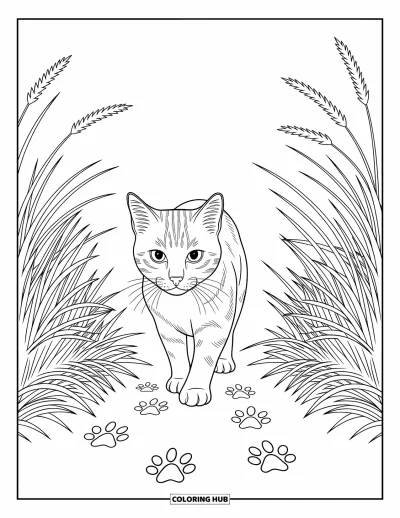 Coloriage d'animaux de la ferme pour adultes : Un chat de ferme concentré traque dans les hautes herbes avec de douces empreintes de pattes sur le sol