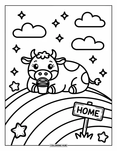 Coloriage d'animaux de la ferme pour adultes : Une vache amicale se détend sur une colline avec des nuages ​​duveteux et un panneau indiquant « Home »