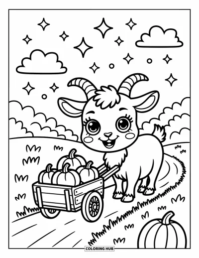 Coloriage d'animaux de la ferme pour adultes : Une chèvre amicale tire une charrette remplie de pommes et de citrouilles sous des étoiles scintillantes