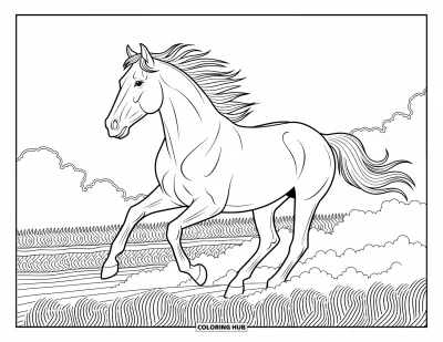 Coloriage d'animaux de la ferme pour adultes : Un cheval au galop avec une crinière flottante se déplace à travers la poussière et des fonds floraux