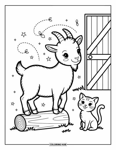Coloriage d'animaux de la ferme pour adultes : Une chèvre est en équilibre sur une bûche avec un petit chat assis à côté et une porte de grange derrière