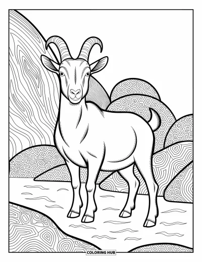 Coloriage d'animaux de la ferme pour adultes : Une chèvre sur un terrain accidenté est encadrée par des rochers, des motifs et des éléments de fond artistiques