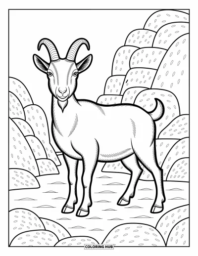 Coloriage d'animaux de la ferme pour adultes : Une chèvre se tient fièrement sur un sol rocheux avec des arrière-plans décoratifs et des motifs tourbillonnants