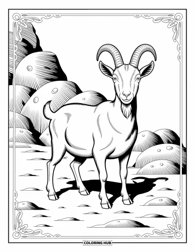 Coloriage d'animaux de la ferme pour adultes : Une chèvre avec des poils courts et des cornes détaillées se tient sur des rochers entourés de motifs complexes