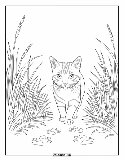 Coloriage d'animaux de la ferme pour adultes : Un chat gracieux se déplace dans l'herbe avec des lignes de fourrure visibles et des motifs complexes