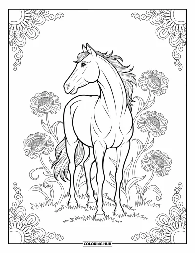 Coloriage d'animaux de la ferme pour adultes : Un cheval gracieux avec des motifs ornés se tient parmi de grandes fleurs sauvages et des vignes torsadées