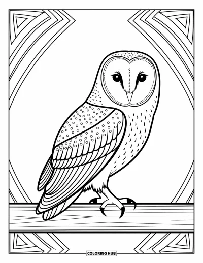 Coloriage d'animaux de la ferme pour adultes : Un hibou gracieux est assis sur une poutre entourée de motifs symétriques et complexes