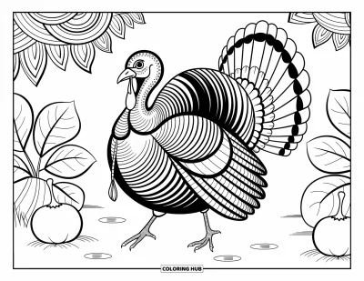 Coloriage d'animaux de la ferme pour adultes : Une dinde gracieuse se déplace dans un jardin avec des feuilles complexes et des bordures de vigne