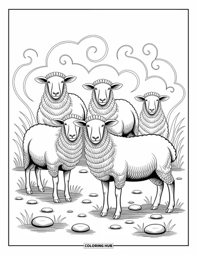 Coloriage d'animaux de la ferme pour adultes : Un groupe de moutons avec de la laine bouclée se tiennent sur un sol rocheux entouré de hautes herbes