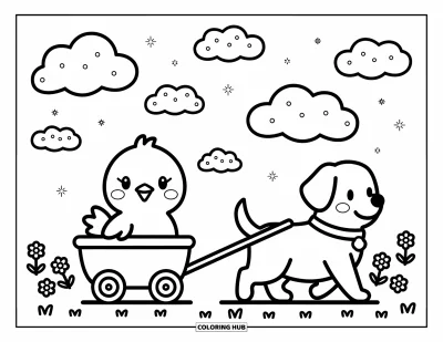 Coloriage d'animaux de la ferme pour adultes : Un poussin heureux se promène dans une petite charrette tirée par un chien avec des nuages ​​scintillants au-dessus