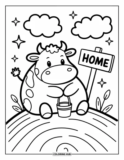 Coloriage d'animaux de la ferme pour adultes : Une vache heureuse tient un seau sur une colline avec des nuages ​​et un panneau indiquant la maison