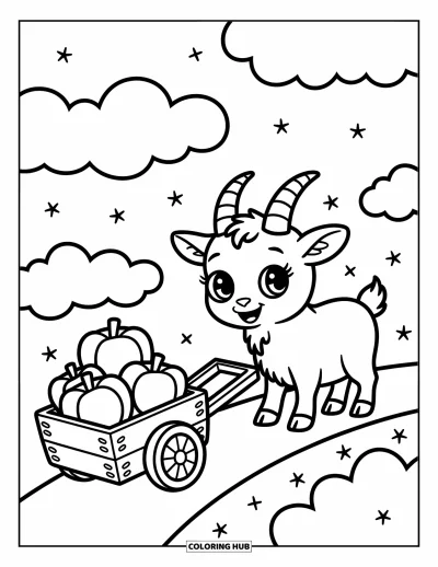 Coloriage d'animaux de la ferme pour adultes : Une chèvre heureuse avec de grands yeux tire une charrette de pommes et de citrouilles le long d'un chemin