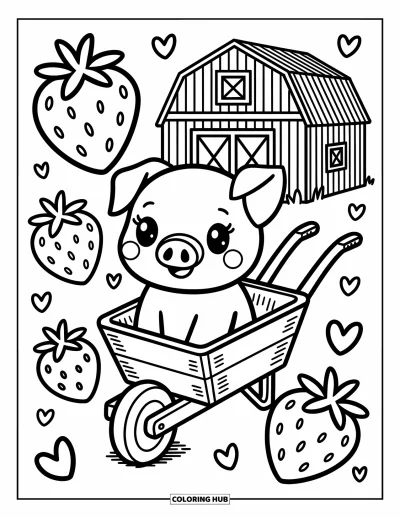 Coloriage d'animaux de la ferme pour adultes : Un joyeux porcelet est assis dans une brouette avec de grosses fraises et une grange en arrière-plan